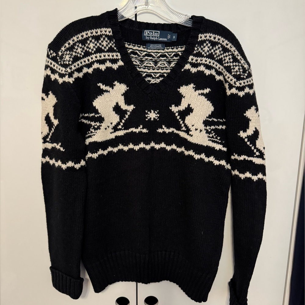 Ralph Lauren Black and White V-Neck Sweater with Nordic Pattern
